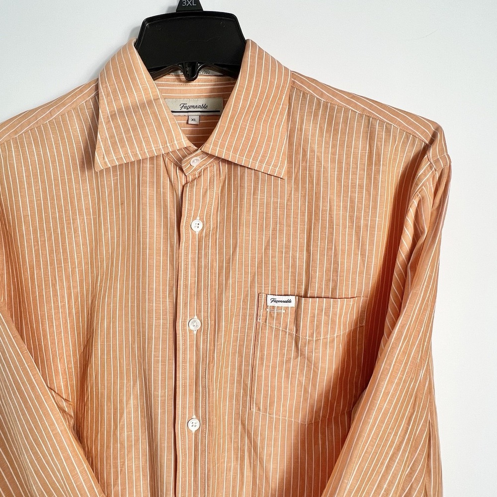 Vintage Faconnable Mens‎ Size XL Orange White Pinstripe Linen Cotton Shirt VGC